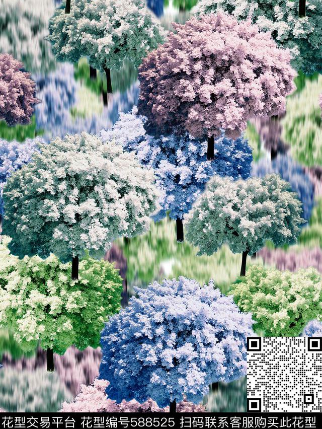 彩色树春夏印花清新时尚数码印花华亿平台下载（图片编号: 588525） - 瓦栏（Walan）