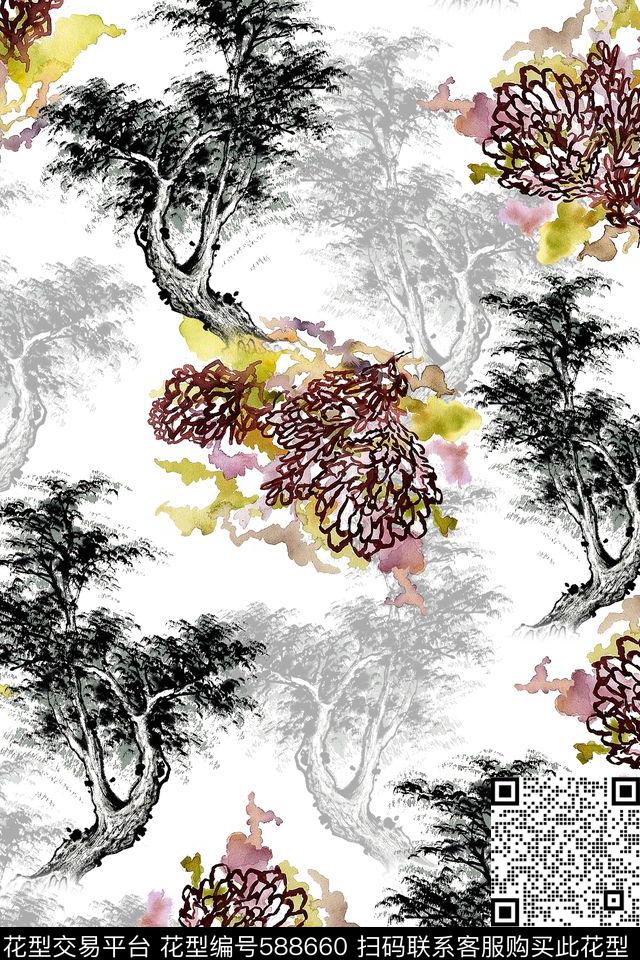 休闲国画树木抽象花数码印花华亿平台下载（图片编号: 588660） - 瓦栏（Walan）
