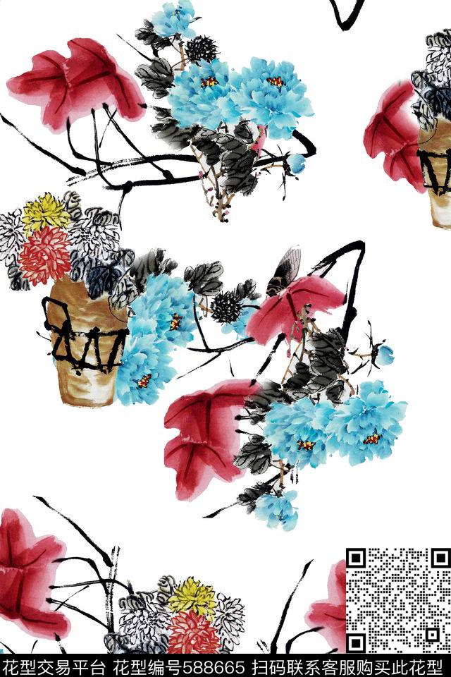 抽象国画中国风水墨花卉数码印花华亿平台下载（图片编号: 588665） - 瓦栏（Walan）