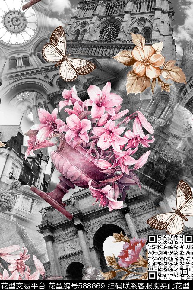 欧式建筑花卉花瓶外套半裙数码印花华亿平台下载（图片编号: 588669） - 瓦栏（Walan）