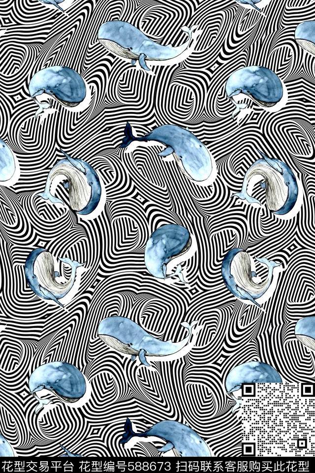 几何动物鲸鱼传统印花华亿平台下载（图片编号: 588673） - 瓦栏（Walan）