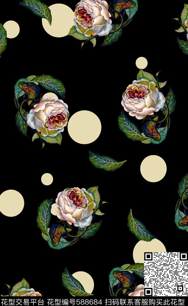 手绘花卉波点艺术潮流大牌数码印花华亿平台下载（图片编号: 588684） - 瓦栏（Walan）