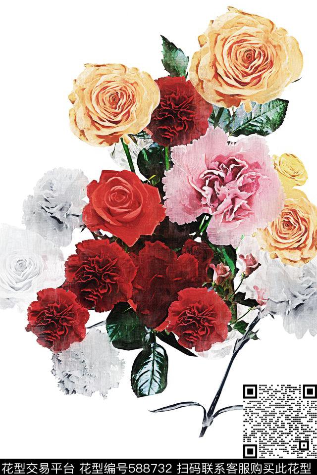 独朵花卉玫瑰数码印花华亿平台下载（图片编号: 588732） - 瓦栏（Walan）