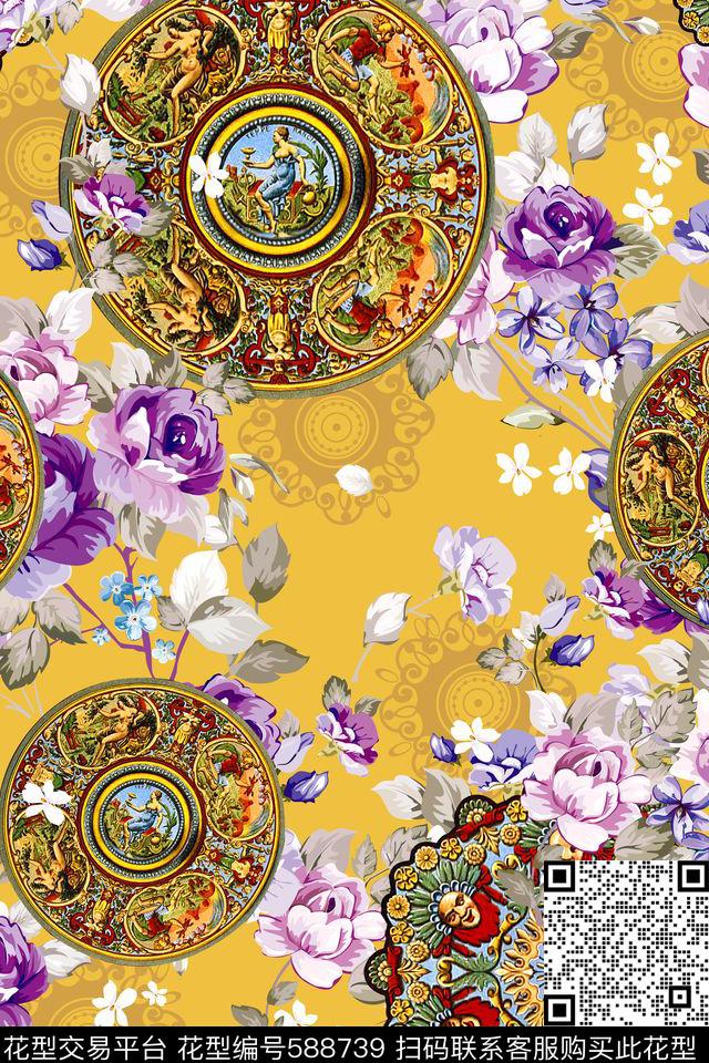 巴洛克式圆盘花卉数码印花华亿平台下载（图片编号: 588739） - 瓦栏（Walan）