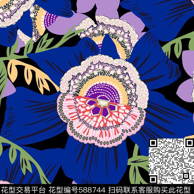 花大花抽象传统印花华亿平台下载（图片编号: 588744） - 瓦栏（Walan）