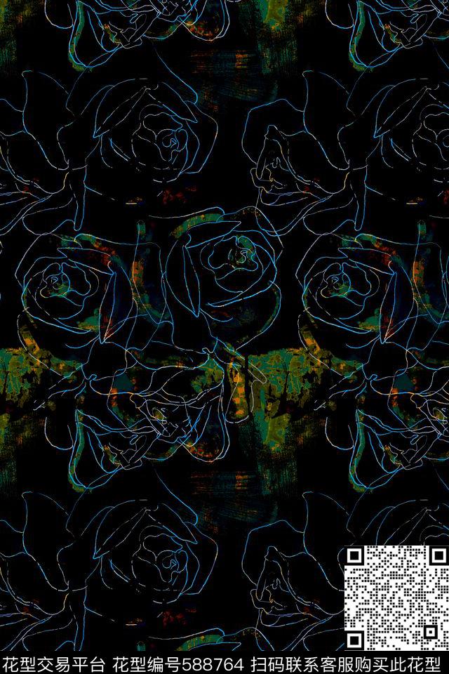 玫瑰斑驳纹理数码印花华亿平台下载（图片编号: 588764） - 瓦栏（Walan）