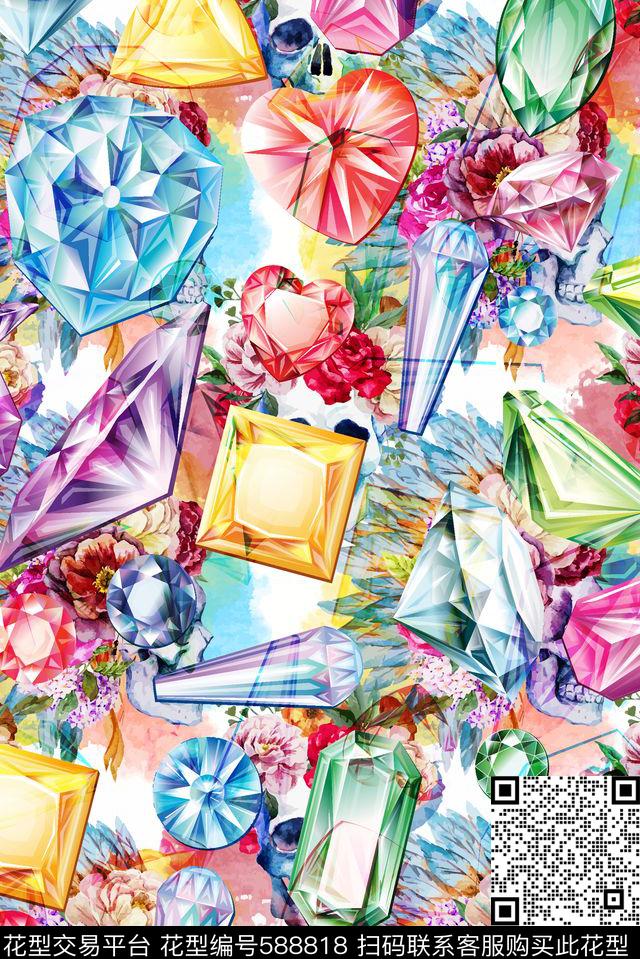 骷髅砖石花卉数码印花华亿平台下载（图片编号: 588818） - 瓦栏（Walan）