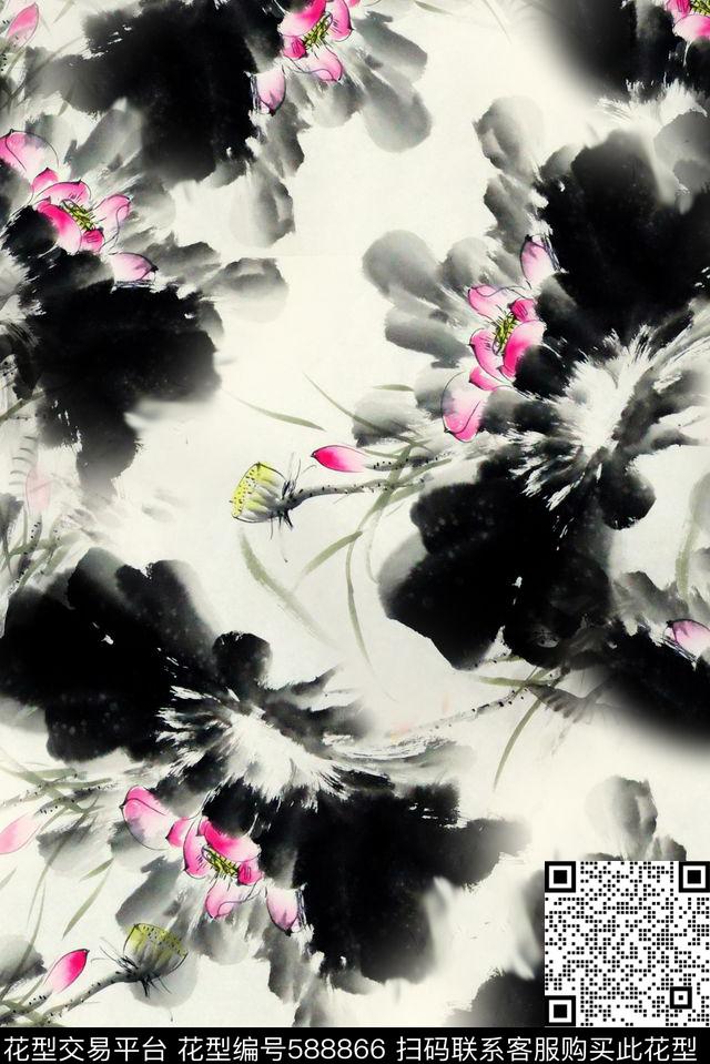 中国风写意荷花大气高雅数码印花华亿平台下载（图片编号: 588866） - 瓦栏（Walan）
