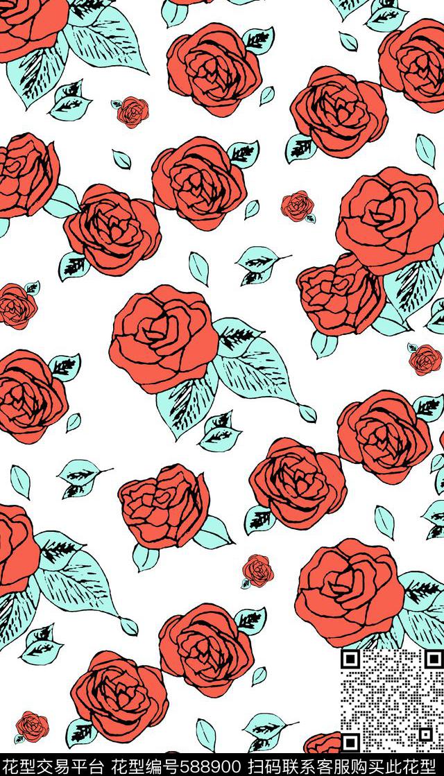 简约花卉玫瑰花传统印花华亿平台下载（图片编号: 588900） - 瓦栏（Walan）