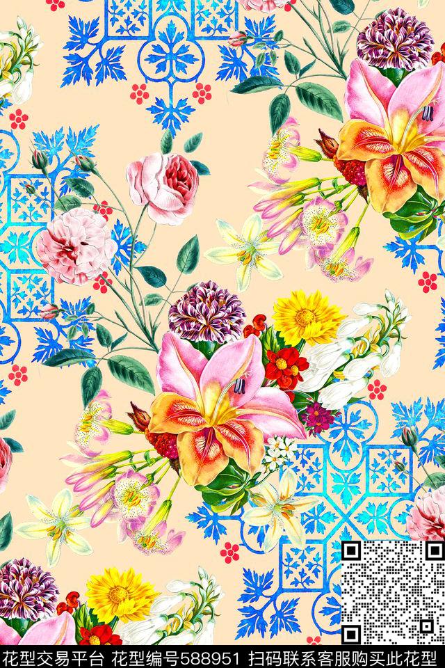 时尚几何花卉数码印花华亿平台下载（图片编号: 588951） - 瓦栏（Walan）