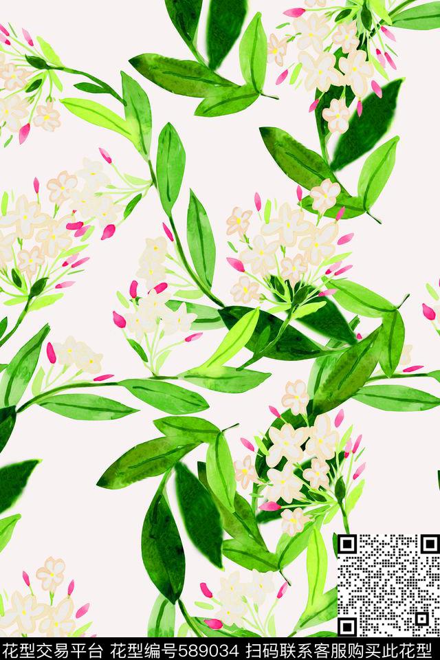 清新水彩花卉数码印花华亿平台下载（图片编号: 589034） - 瓦栏（Walan）