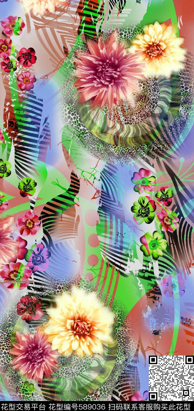 数码花花卉几何纹底数码印花华亿平台下载（图片编号: 589036） - 瓦栏（Walan）