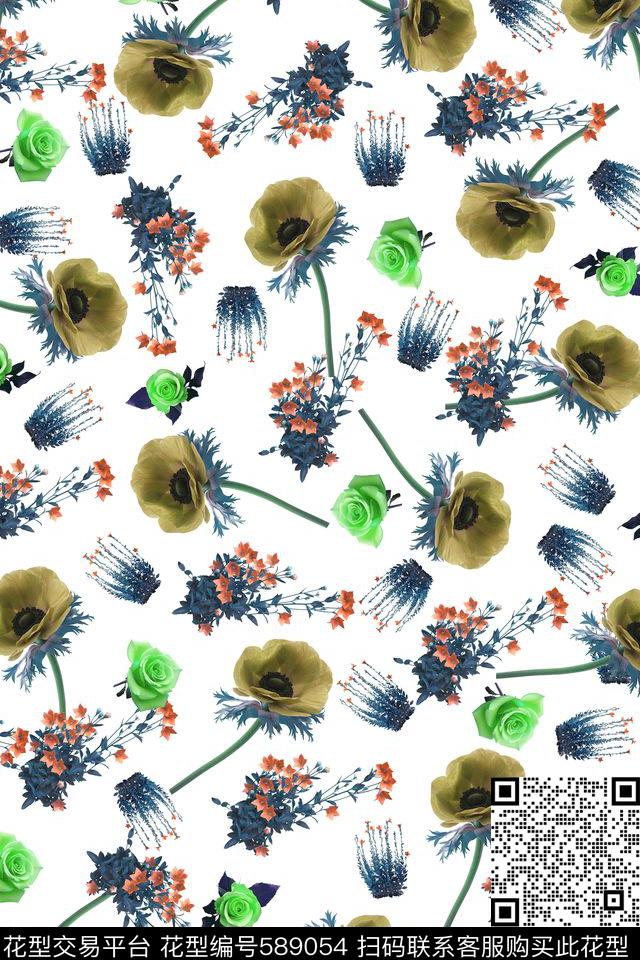 小碎花玫瑰花花卉数码印花华亿平台下载（图片编号: 589054） - 瓦栏（Walan）