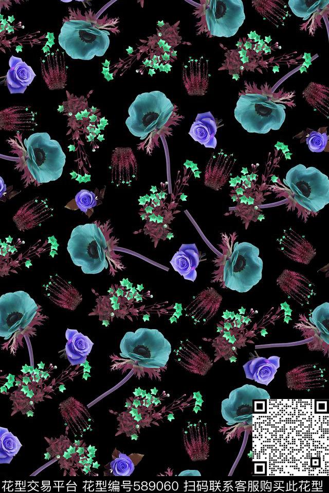 小碎花玫瑰花花卉数码印花华亿平台下载（图片编号: 589060） - 瓦栏（Walan）
