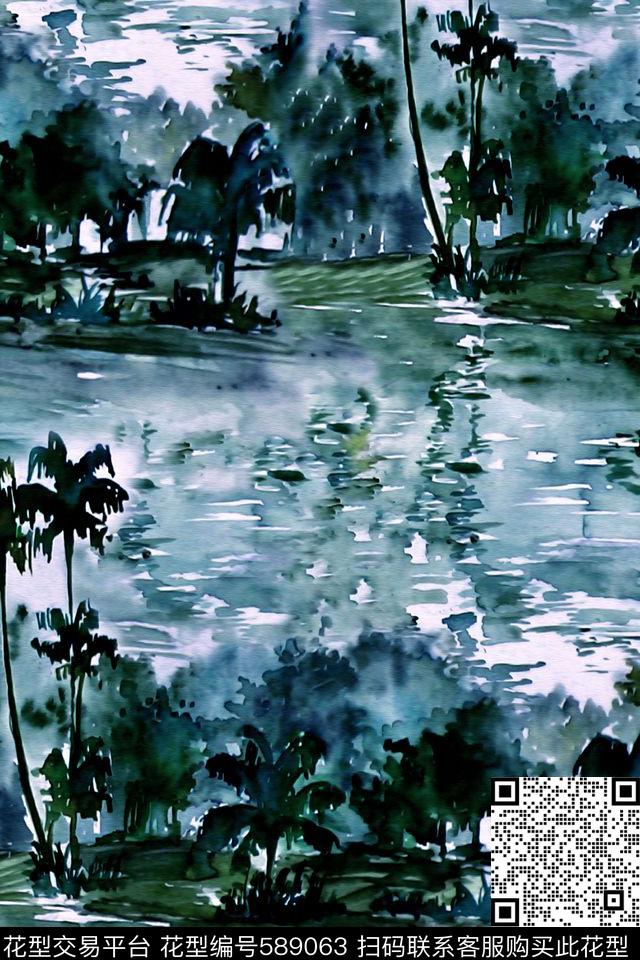 水彩椰子树风景数码印花华亿平台下载（图片编号: 589063） - 瓦栏（Walan）