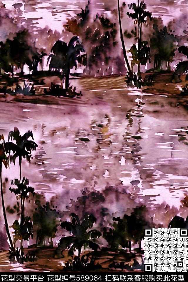 水彩椰子树风景数码印花华亿平台下载（图片编号: 589064） - 瓦栏（Walan）