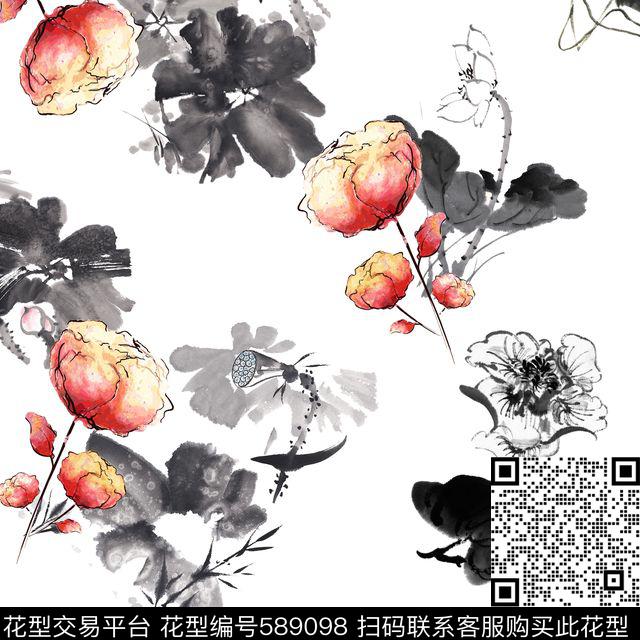 民族风水墨花卉数码印花华亿平台下载（图片编号: 589098） - 瓦栏（Walan）