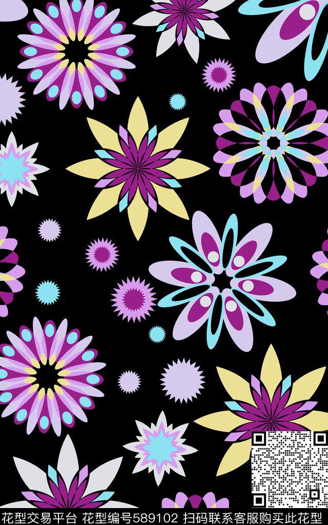 抽象圆黑底数码印花华亿平台下载（图片编号: 589102） - 瓦栏（Walan）