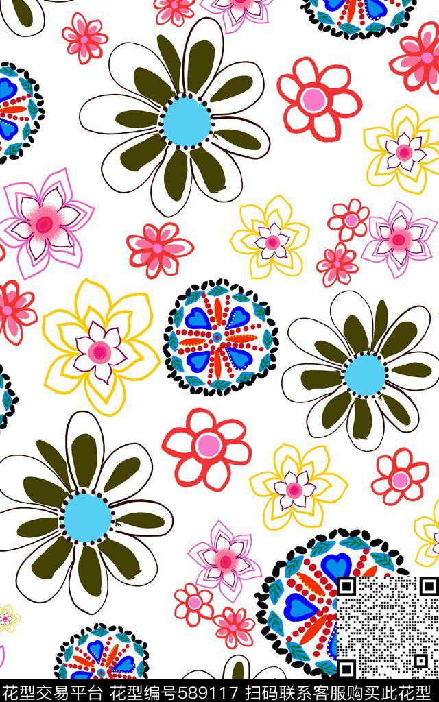 花朵卡通色块数码印花华亿平台下载（图片编号: 589117） - 瓦栏（Walan）