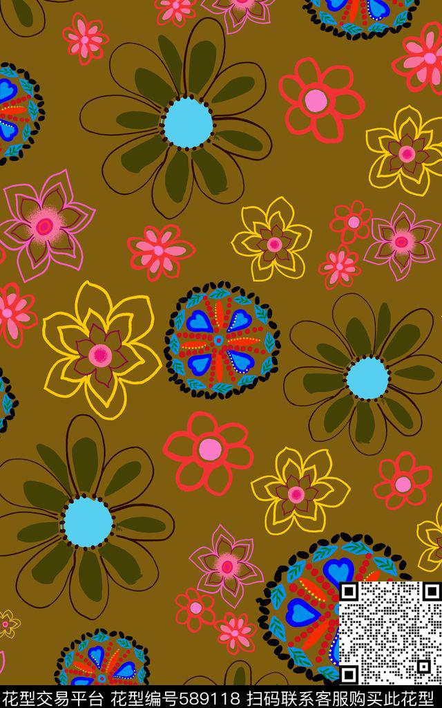 花朵卡通色块数码印花华亿平台下载（图片编号: 589118） - 瓦栏（Walan）