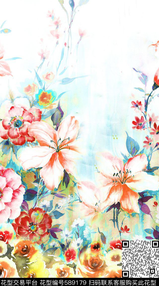 手绘清新花卉数码印花华亿平台下载（图片编号: 589179） - 瓦栏（Walan）