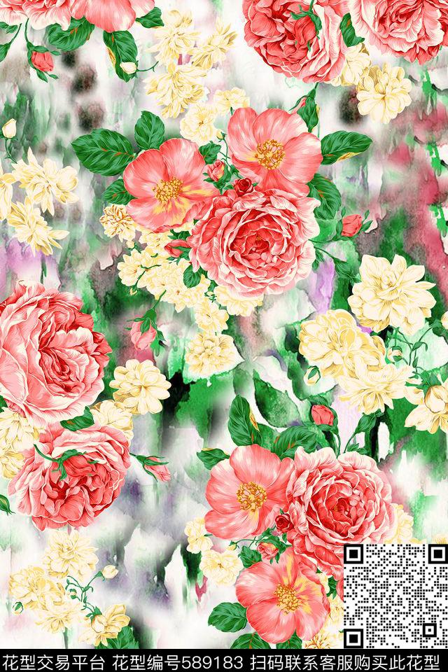 复古时尚水彩数码印花华亿平台下载（图片编号: 589183） - 瓦栏（Walan）