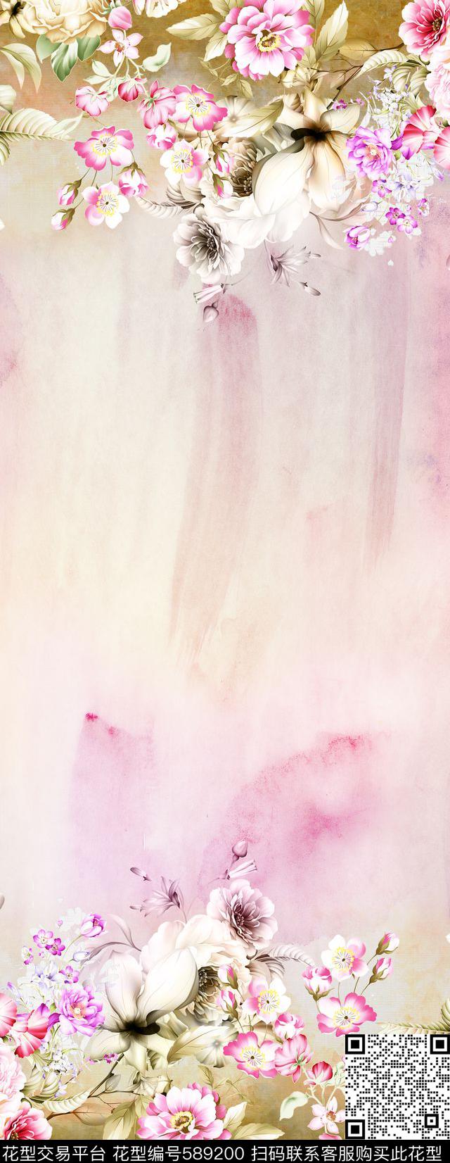 时尚水彩花卉数码印花华亿平台下载（图片编号: 589200） - 瓦栏（Walan）