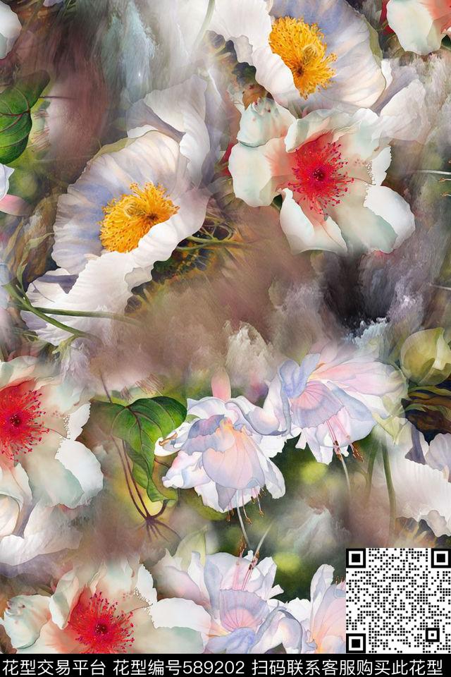 水彩大气手绘大气炫彩女装数码印花华亿平台下载（图片编号: 589202） - 瓦栏（Walan）