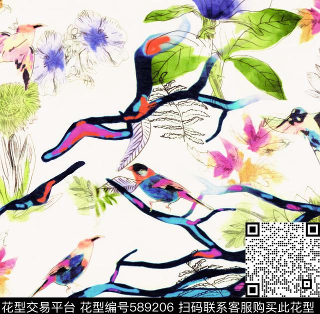清新水彩鸟数码印花华亿平台下载（图片编号: 589206） - 瓦栏（Walan）