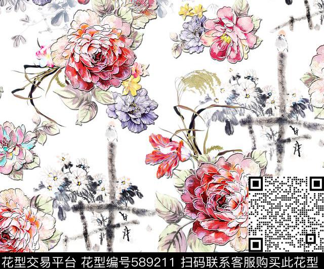 满版牡丹花水墨数码印花华亿平台下载（图片编号: 589211） - 瓦栏（Walan）