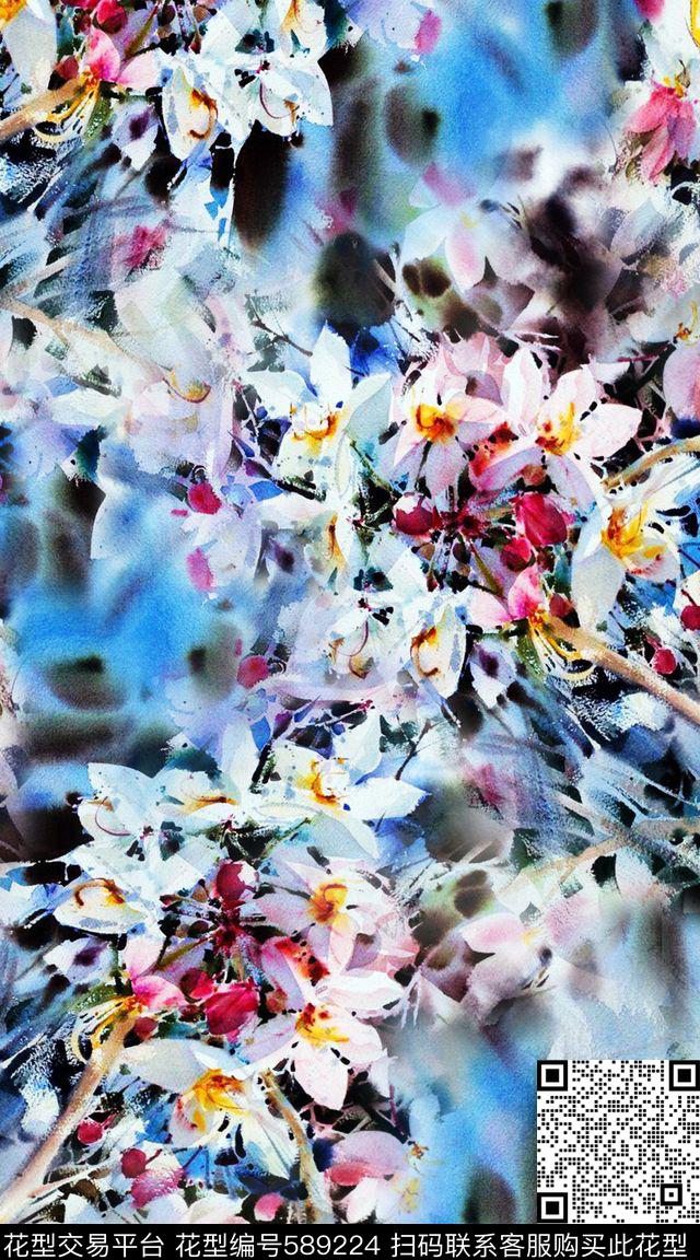 花卉水彩数码印花华亿平台下载（图片编号: 589224） - 瓦栏（Walan）