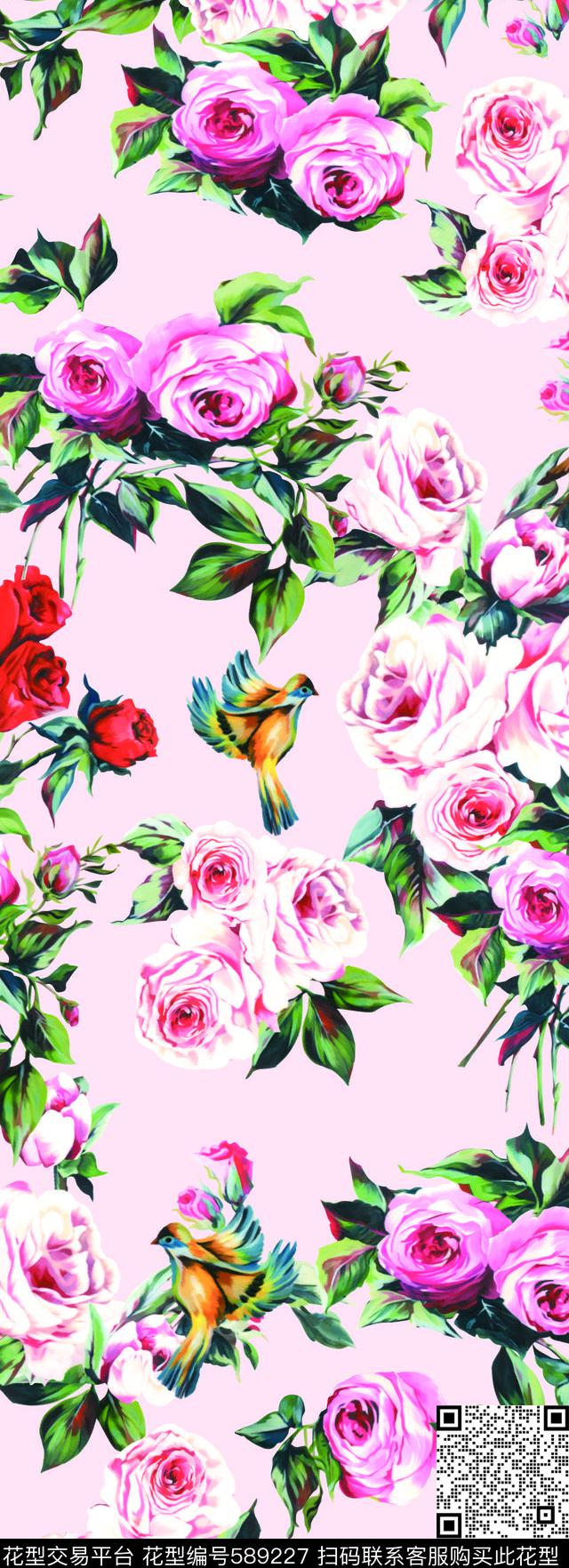 泰国玫瑰花小鸟数码印花华亿平台下载（图片编号: 589227） - 瓦栏（Walan）