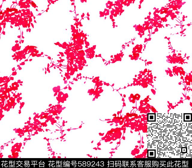 手绘枝叶花卉数码印花华亿平台下载（图片编号: 589243） - 瓦栏（Walan）