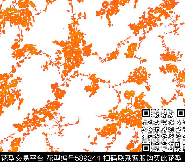 手绘枝叶花卉数码印花华亿平台下载（图片编号: 589244） - 瓦栏（Walan）