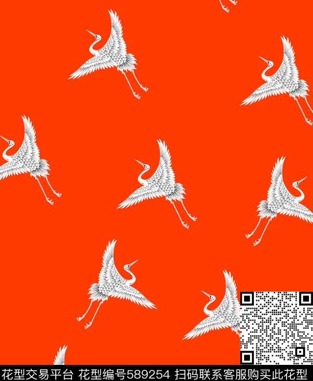 中国风仙鹤复古数码印花华亿平台下载（图片编号: 589254） - 瓦栏（Walan）