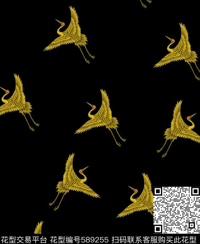 中国风仙鹤复古数码印花华亿平台下载（图片编号: 589255） - 瓦栏（Walan）