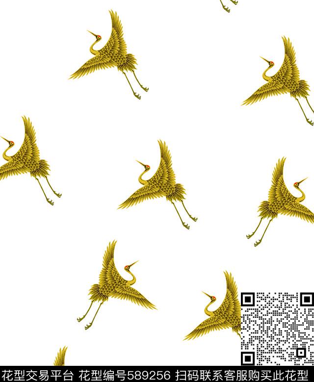 中国风仙鹤复古数码印花华亿平台下载（图片编号: 589256） - 瓦栏（Walan）