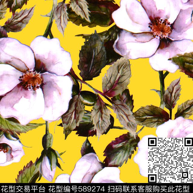 手绘大花枯叶数码印花华亿平台下载（图片编号: 589274） - 瓦栏（Walan）