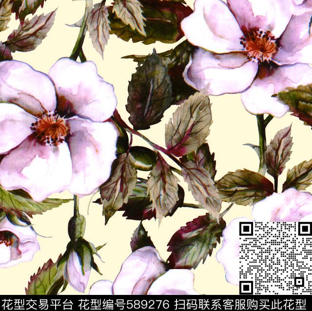 手绘大花枯叶数码印花华亿平台下载（图片编号: 589276） - 瓦栏（Walan）
