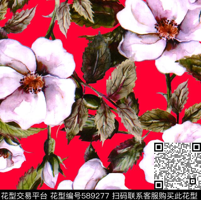 手绘大花枯叶数码印花华亿平台下载（图片编号: 589277） - 瓦栏（Walan）