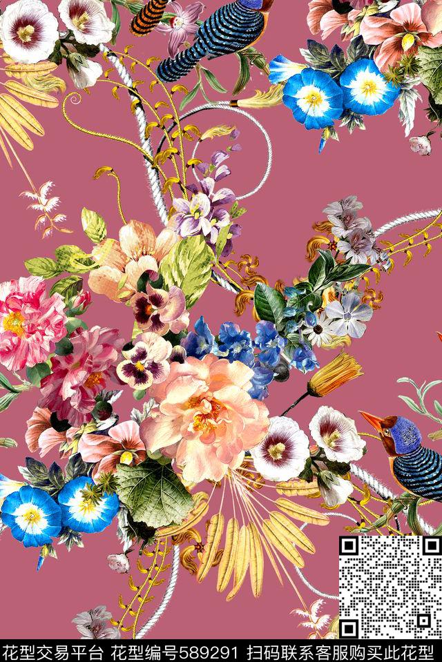 时尚手绘花卉数码印花华亿平台下载（图片编号: 589291） - 瓦栏（Walan）