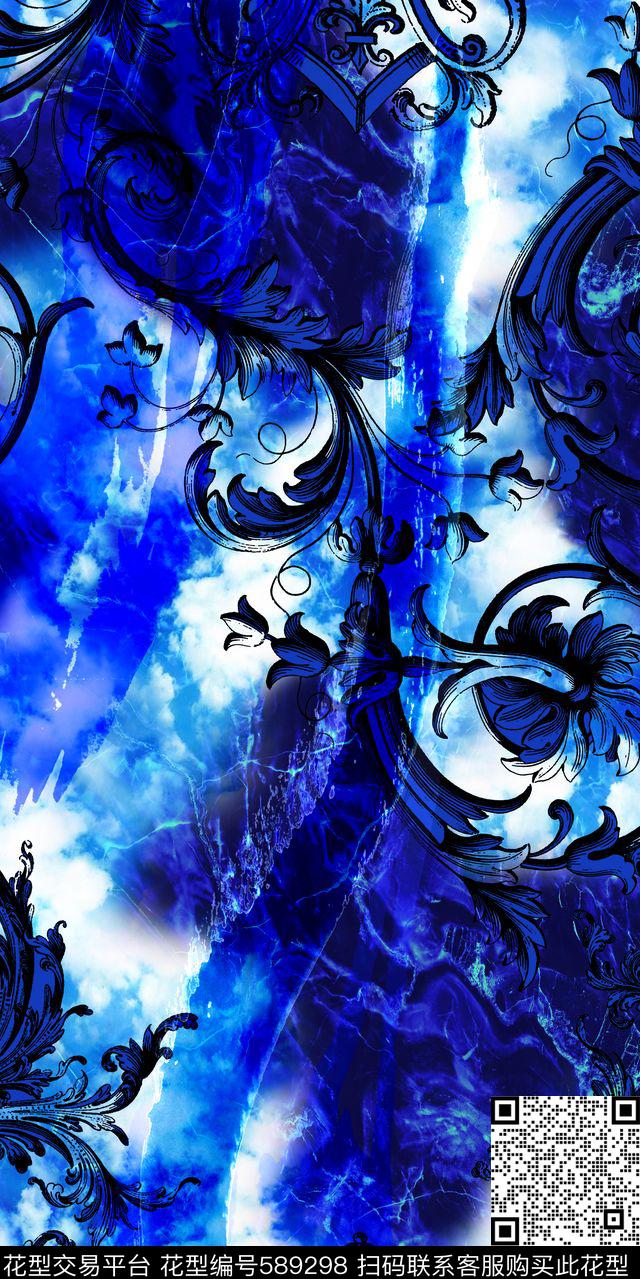 数码时尚经典复古卷草云彩大理石底纹数码印花华亿平台下载（图片编号: 589298） - 瓦栏（Walan）