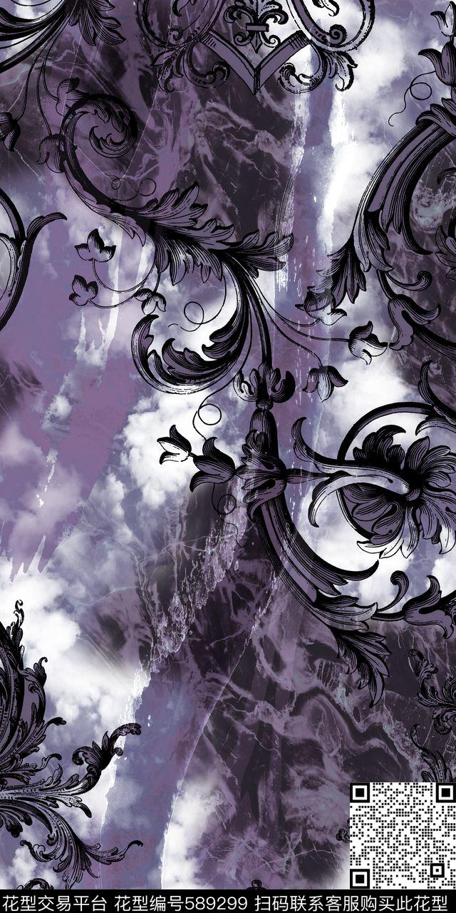 数码时尚经典复古卷草云彩大理石底纹数码印花华亿平台下载（图片编号: 589299） - 瓦栏（Walan）