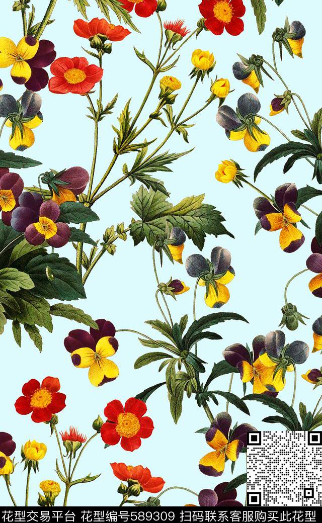 复古花卉精美小花潮流时尚大牌女装数码印花华亿平台下载（图片编号: 589309） - 瓦栏（Walan）