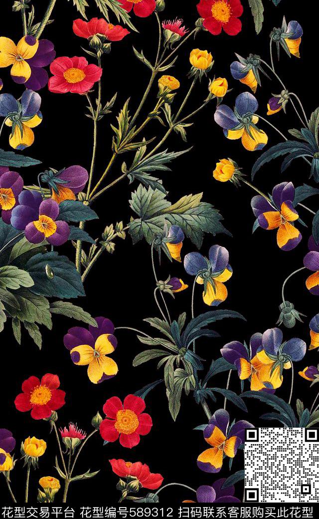 复古花卉精美小花潮流时尚大牌女装数码印花华亿平台下载（图片编号: 589312） - 瓦栏（Walan）