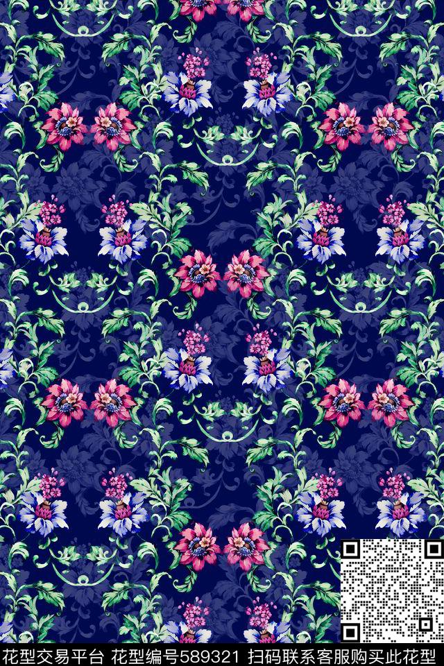 清新花朵手绘花卉数码印花华亿平台下载（图片编号: 589321） - 瓦栏（Walan）