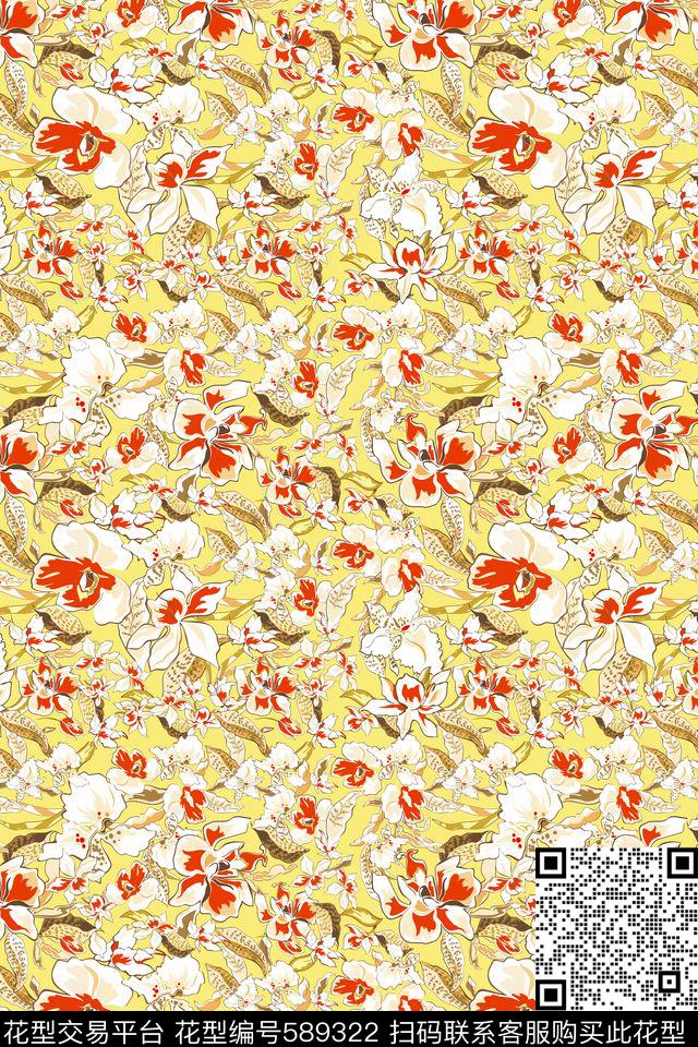 花卉兰花时尚传统印花华亿平台下载（图片编号: 589322） - 瓦栏（Walan）