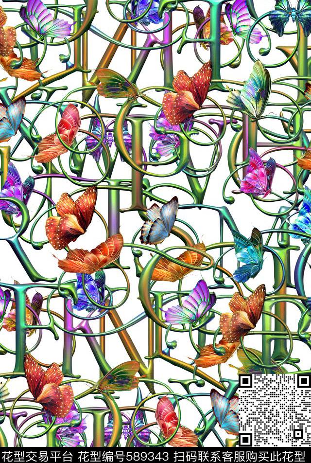 彩色英文蝴蝶数码印花华亿平台下载（图片编号: 589343） - 瓦栏（Walan）