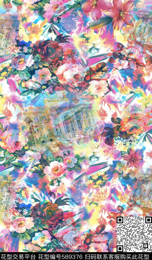 潮流时尚花卉古典花卉抽象炫彩底纹数码印花华亿平台下载（图片编号: 589376） - 瓦栏（Walan）