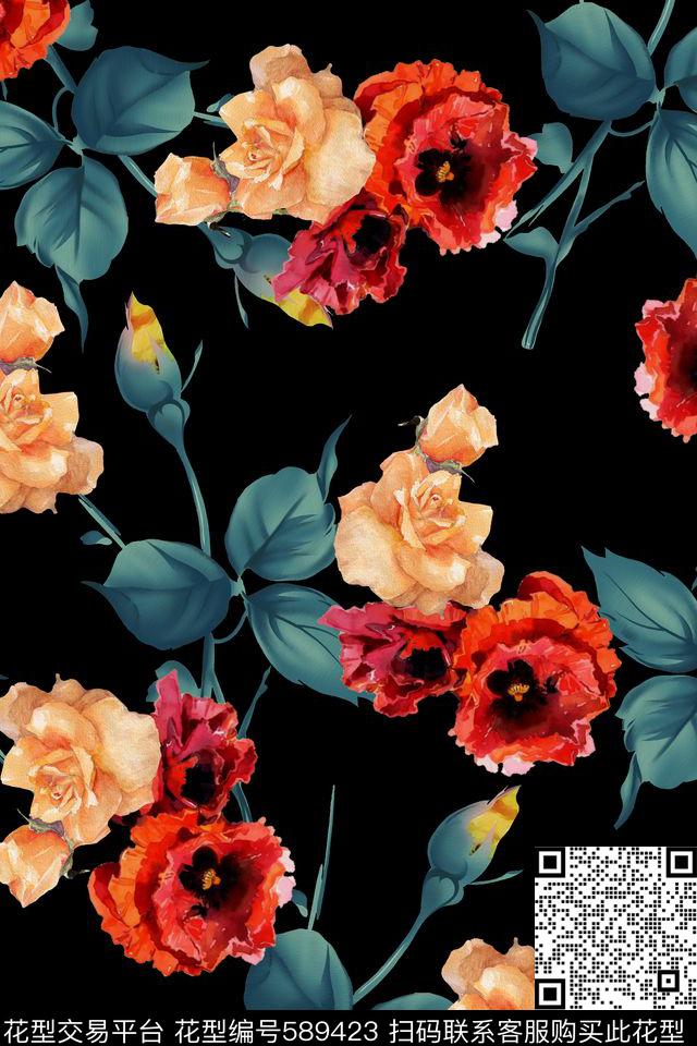 玫瑰花复古女装数码印花华亿平台下载（图片编号: 589423） - 瓦栏（Walan）